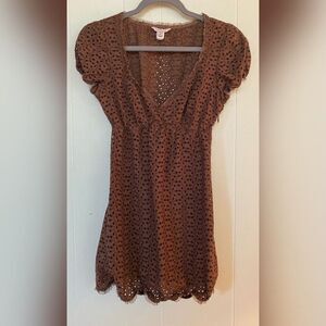Intuitions Blouse Women’s 6 Brown Eyelet Lace Cotton Ruffle Trim Tunic Prairie